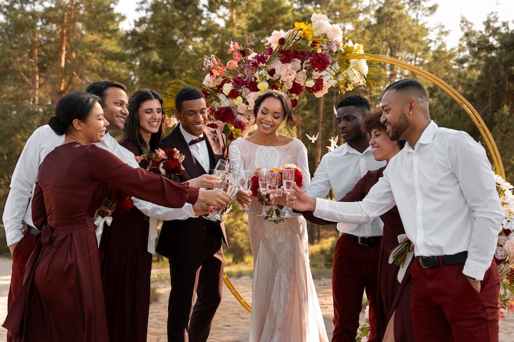 Foto gratuito gente disfrutando de la boda naranja quemada