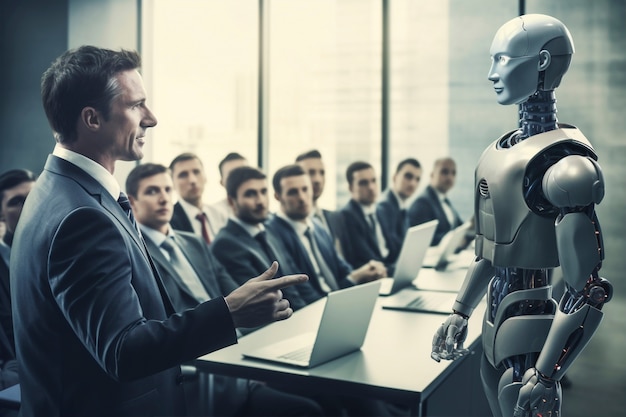 Gente escuchando a un robot compañero de trabajo
