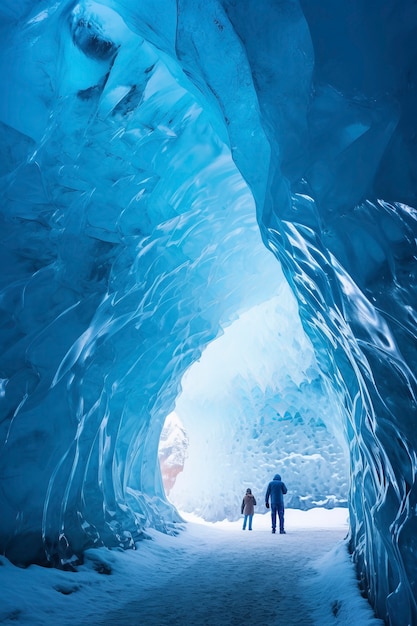 Gente explorando la cueva de hielo