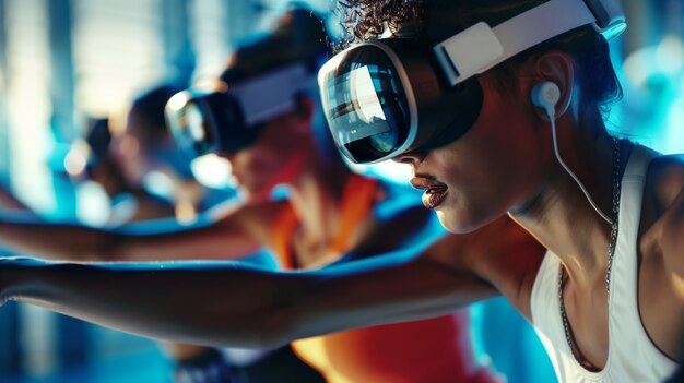 Gente haciendo fitness a través de la realidad virtual