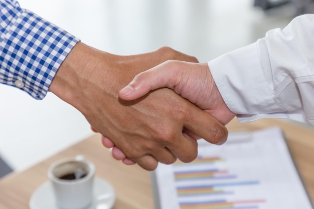 La gente de negocios se da la mano en la reunión