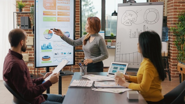 Gente de negocios mirando la presentación informativa en pantalla, analizando información de gráficos y estadísticas para planificar el crecimiento y el desarrollo financiero. Colegas intercambiando ideas estratégicas