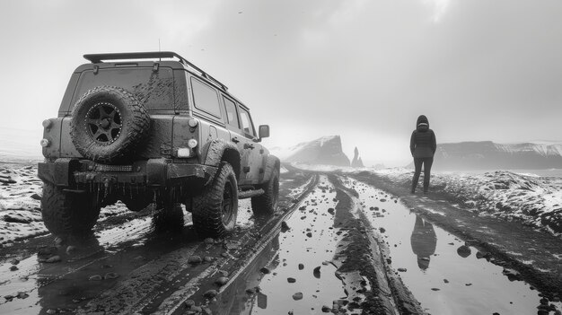 Gente negra y blanca con un coche todoterreno conduciendo por la aventura