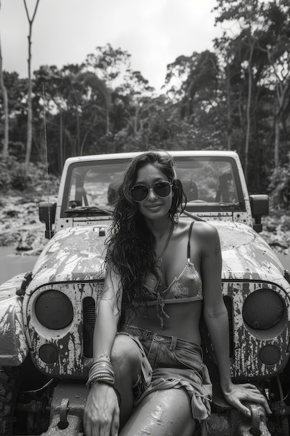 Gente negra y blanca con un coche todoterreno conduciendo por la aventura