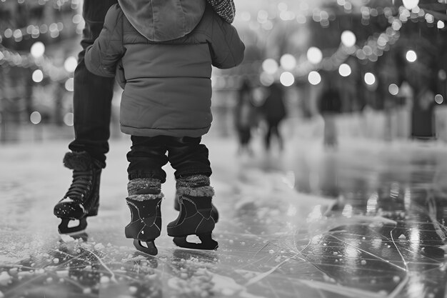 Gente patinando en hielo en blanco y negro