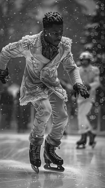 Gente patinando en hielo en blanco y negro