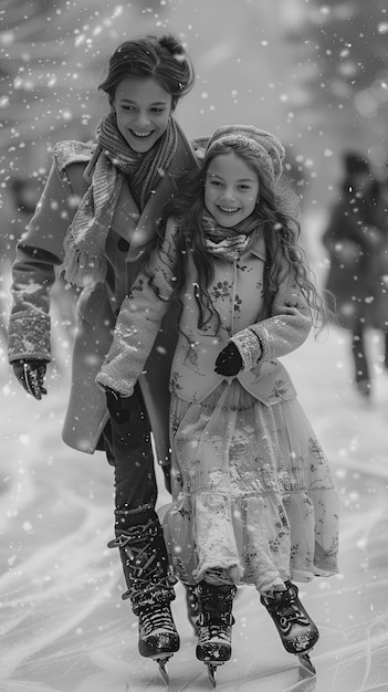 Gente patinando en hielo en blanco y negro