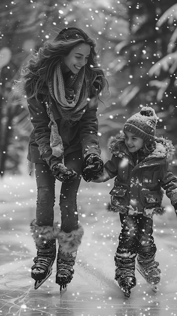 Gente patinando en hielo en blanco y negro