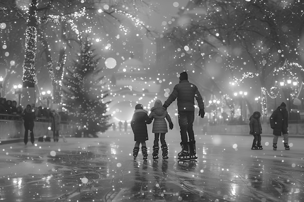 Gente patinando en hielo en blanco y negro