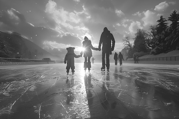 Foto gratuita gente patinando en hielo en blanco y negro