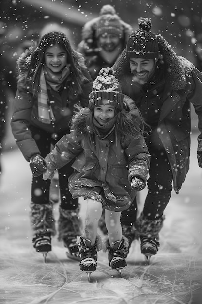 Gente patinando en hielo en blanco y negro