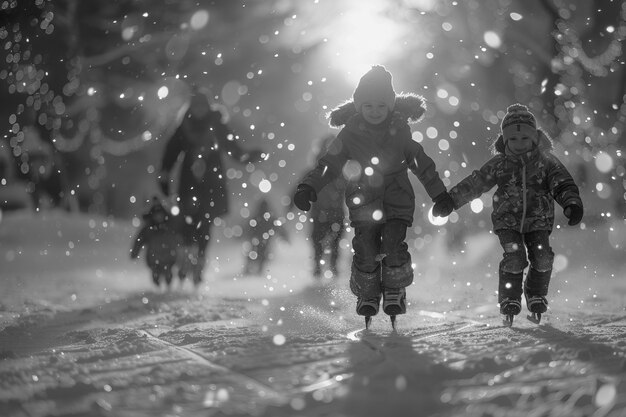 Gente patinando en hielo en blanco y negro