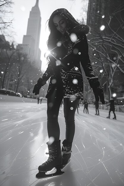 Gente patinando en hielo en blanco y negro