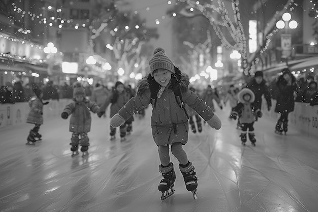 Gente patinando en hielo en blanco y negro