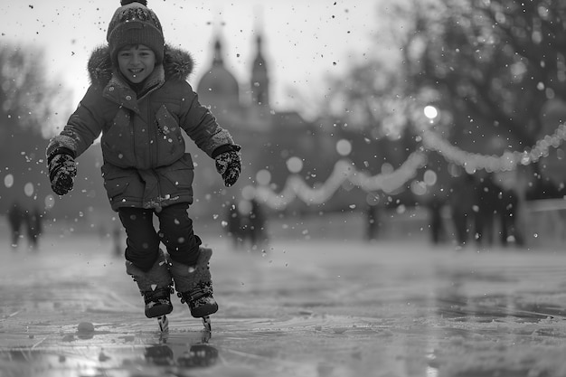 Gente patinando en hielo en blanco y negro