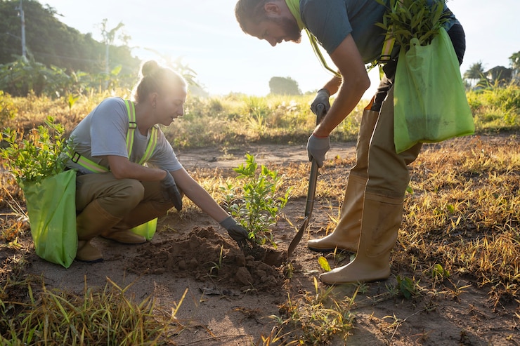 Foto gratuito gente plantando árboles en el campo