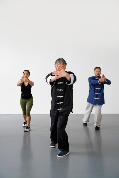 Gente practicando tai chi juntos vista frontal