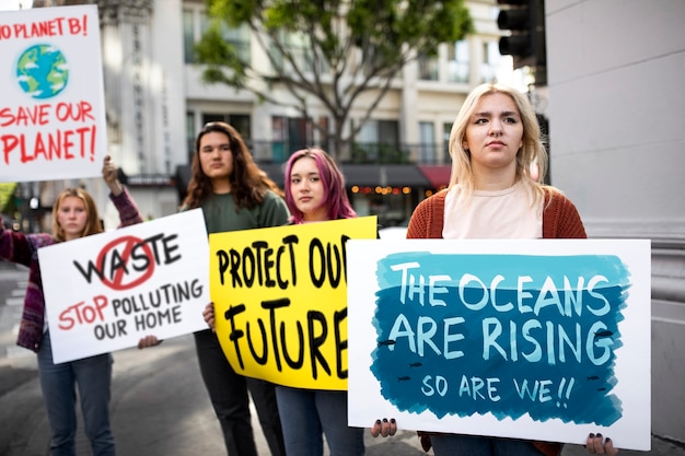 Gente protestando con carteles en la ciudad por el día mundial del medio ambiente