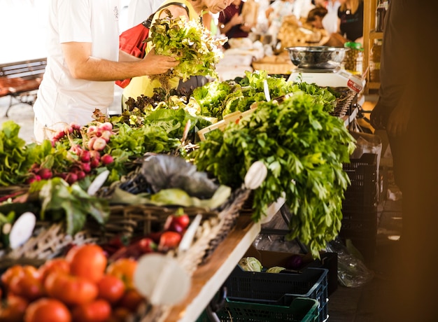 Gente que compra verduras del mercado local de verduras.