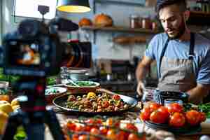 Foto gratuita gente que crea contenido de comida para cargar en internet para los amantes de la comida