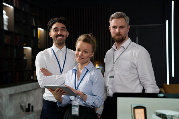 Gente sonriente de tiro medio trabajando en equipo