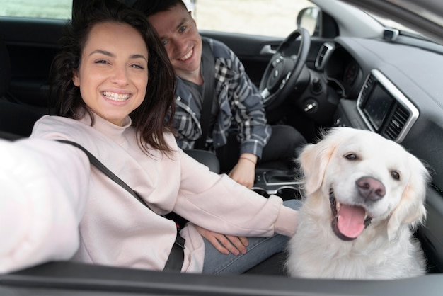 Gente de tiro medio con perro en coche