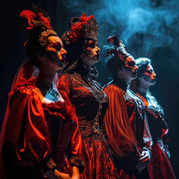 Gente con trajes de estilo gótico y maquillaje interpretando un drama para el día mundial del teatro