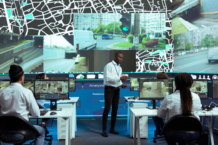 Foto gratuito gerente afroamericano que supervisa la actividad de monitoreo en el centro de control