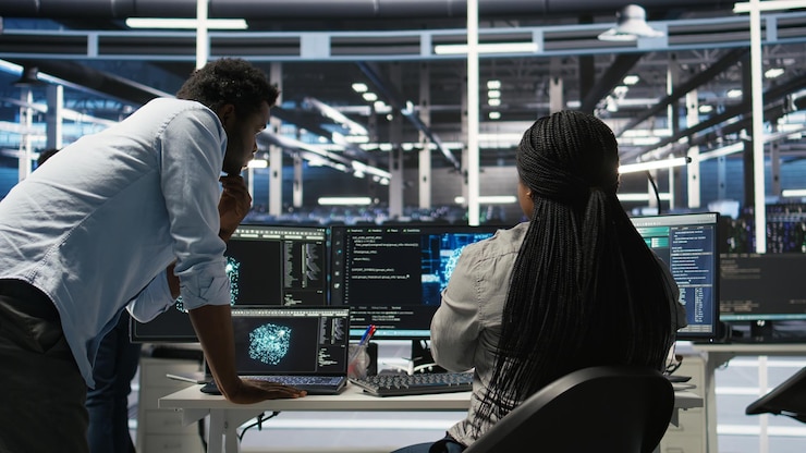 Foto gratuito gerente de centro de datos que supervisa al trabajador que despliega soluciones de ia