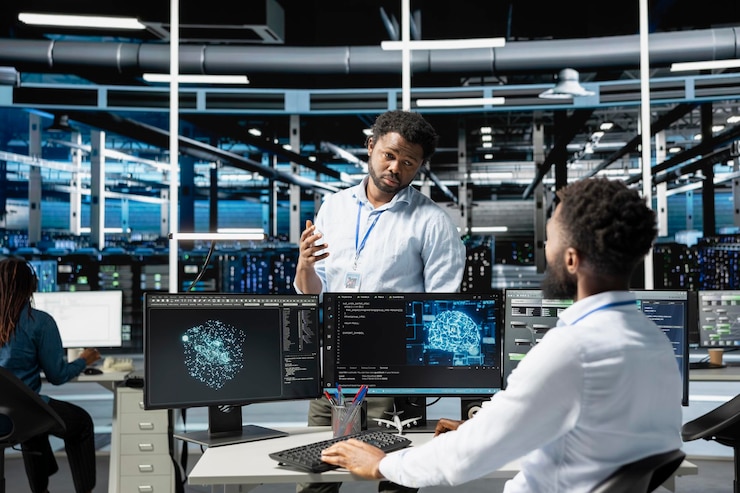 Foto gratuito gerente de centro de datos supervisando el trabajo realizado por el ingeniero utilizando tecnología de aprendizaje profundo