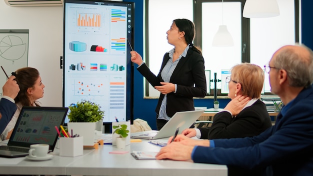 Gerente ejecutiva profesional que informa a sus colegas y les explica la estrategia de la empresa durante la lluvia de ideas. Empresarios multiétnicos que trabajan en la oficina financiera de inicio profesional durante la conferencia