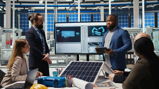 El gerente de la fábrica de paneles solares estrechando la mano con el inversor