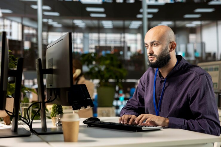 Foto gratuito gerente masculino confiado que realiza múltiples tareas en la oficina para manejar tareas administrativas