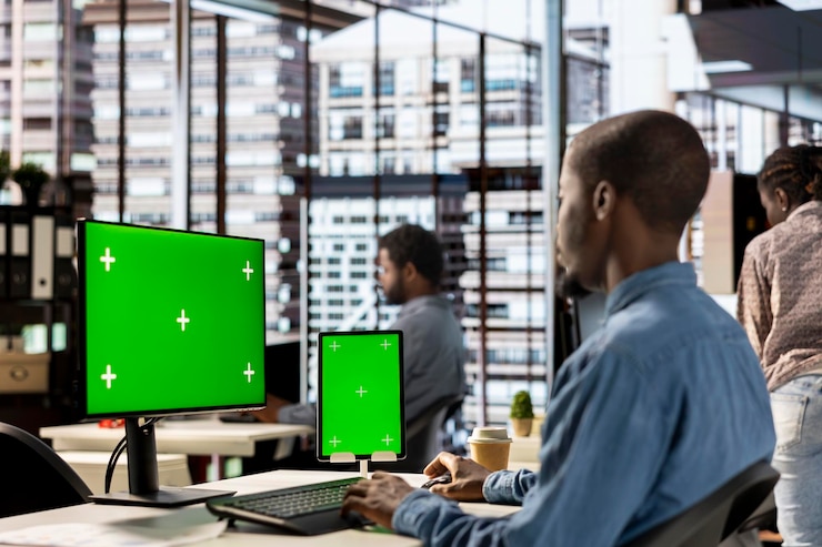 Foto gratuito gerente de negocios masculino en el escritorio mirando la pantalla de maqueta y resolviendo tareas