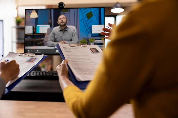 Foto gratuito el gerente remoto revisa el currículum con los empleados