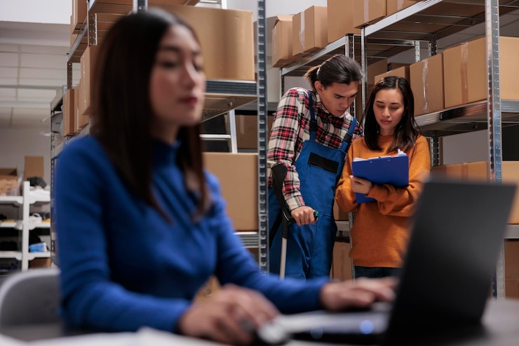 Foto gratuito gerentes de almacenes que sostienen el clipboard y analizan el informe de distribución en la sala de almacenamiento minorista operador de entrega asiático que utiliza muletas y trabaja en el almacén con el operador de logística