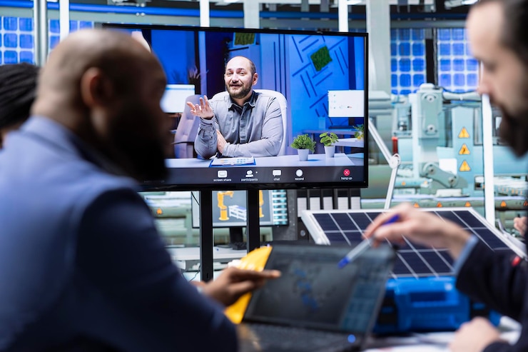 Foto gratuito los gerentes de las fábricas fotovoltaicas visualizan los diseños de pisos cad durante una videoconferencia