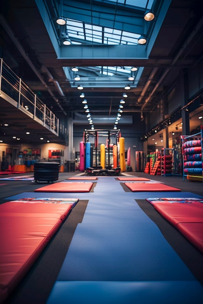 Gimnasio de gimnasia organizado y preparado para el entrenamiento.