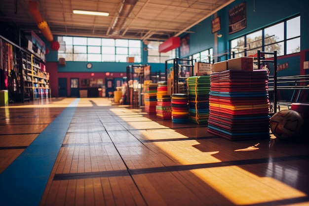 Gimnasio de gimnasia organizado y preparado para el entrenamiento.