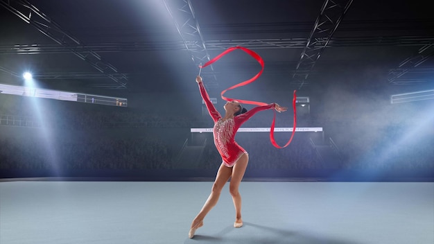 Foto gratuita gimnasta rítmica en arena profesional