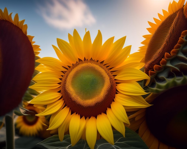 Un girasol está rodeado de otras flores.