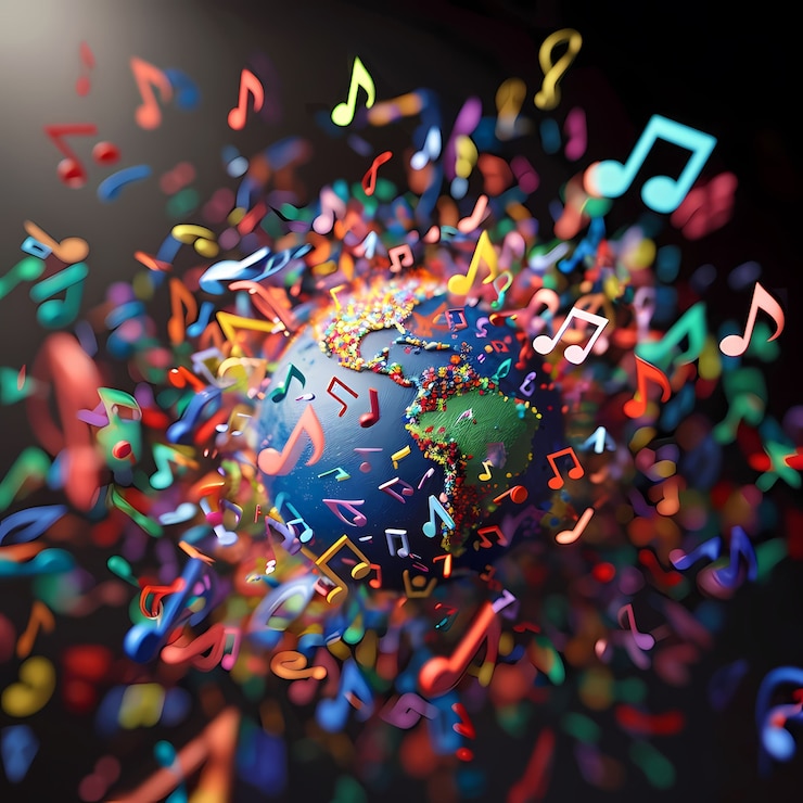 Foto gratuito globo 3d realista con elementos musicales