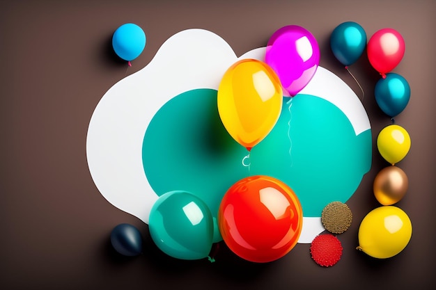 Un globo colorido se sienta en un papel blanco con un fondo blanco y la palabra cumpleaños en él.