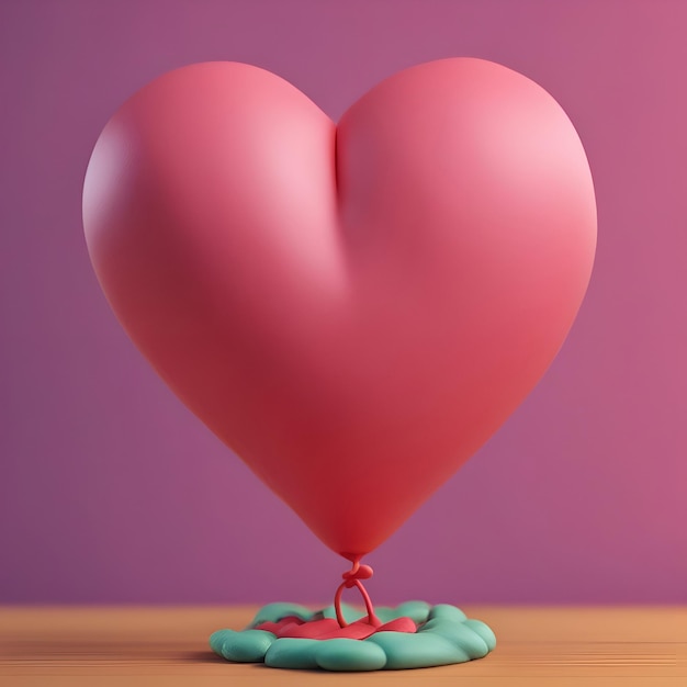 Globo rosa en forma de corazón sobre una mesa de madera 3d render