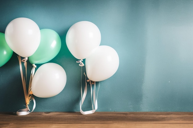 Un globo verde y blanco con globos blancos en una pared azul.