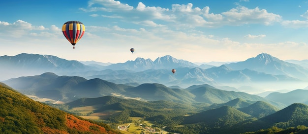 Foto gratuita los globos de aire caliente salpican el cielo sobre una cordillera