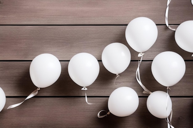 Globos blancos sobre una superficie de madera con uno que dice "soy un niño"