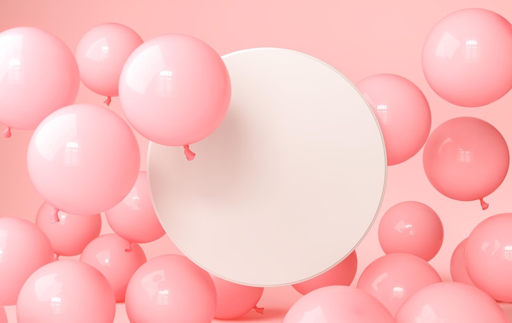 Foto gratuito globos rosas con lienzo circular vacío.