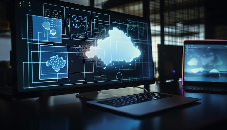 Photo Gratis glowing blue office desk with modern technology generated by ai
