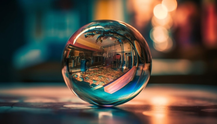 Photo Gratis glowing sphere reflects city life at dusk generated by ai